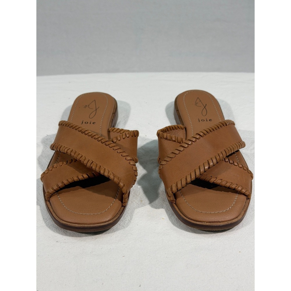 Joie Tan Leather Slide Sandals Womens 8 Cognac Whipstitch Flat Mules - Picture 5 of 8